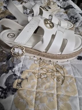 White Women's Platform Sandals with Gold Accents